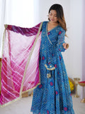 Blue Bandhej Print with Lehariya Dupatta Suit Set in Georgette
