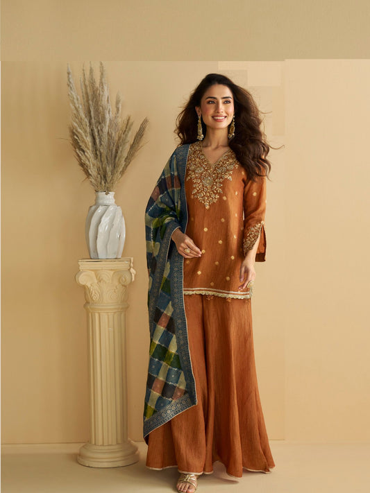 Brown Embroidered Palazzo Suit with Printed Dupatta