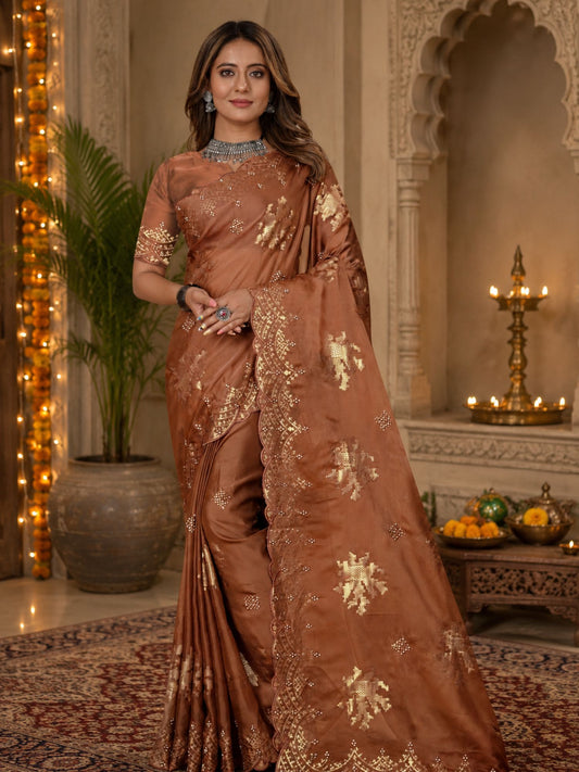 Brown Organza Saree With Sequin Embroidery