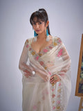 Floral Embroidered Organza Saree in Cream
