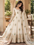 Embroidered Art Silk Anarkali Suit in Off White