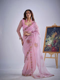 Festive Pink Organza Saree With Embroidery