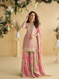 Pink Chinon Zari Embroidered Printed Sharara Suit