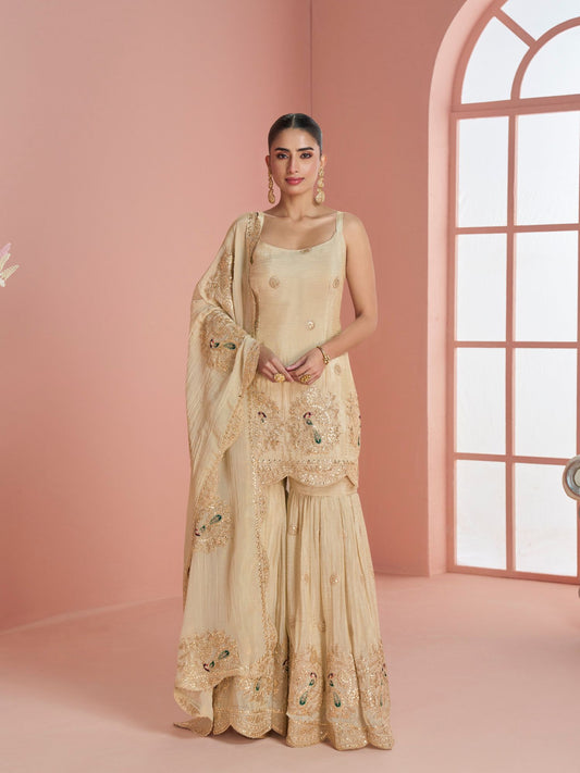 Beige Art Silk Zari Gota Sharara Suit