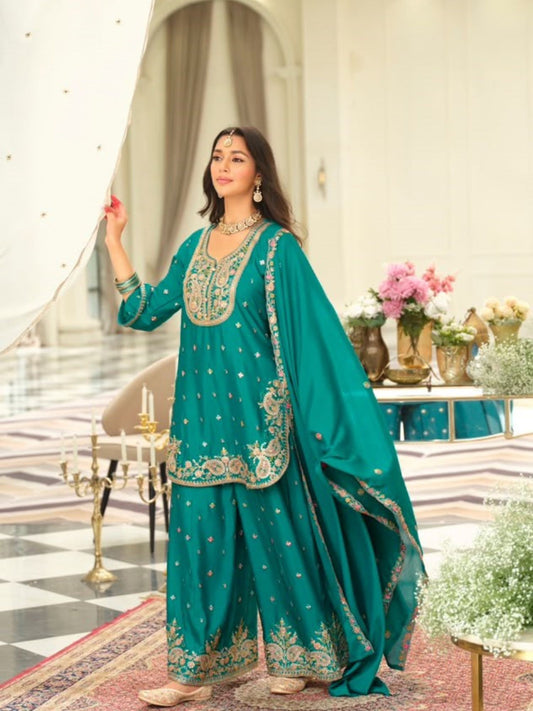 Teal Green Embroidered Readymade Suit Set with Palazzo & Dupatta