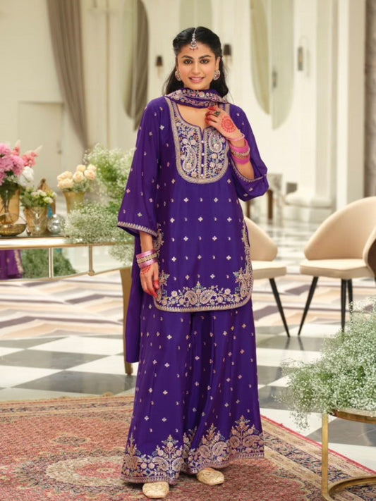Festive Purple Embroidered Palazzo Suit Set