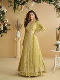 Lime Green Chinon Silk Embroidered Party Wear Gown with Shrug