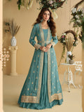 Teal Blue Chinon Silk Embroidered Gown With Shrug