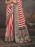 Red and White Art Silk Striped Saree