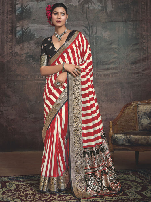 Red and White Art Silk Striped Saree