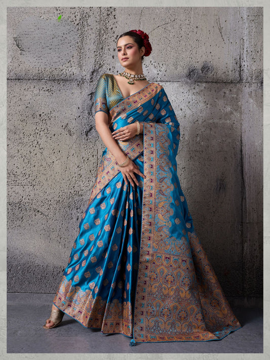 Peacock Blue Woven Saree in Satin Silk