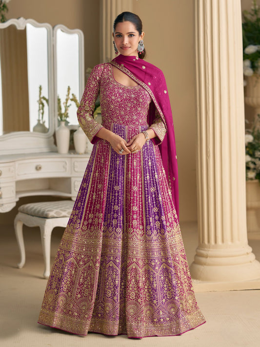 Rani Pink Zari Work Anrkali Set in Georgette