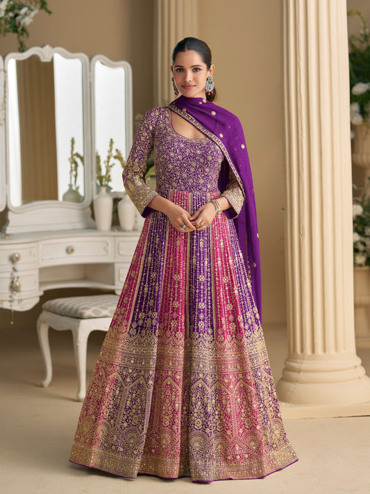 Purple Zari Stone Detail Anarkali Dupatta Set
