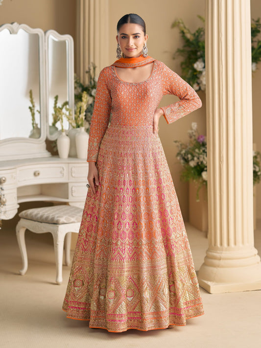 Festive Orange Embroidered Anarkali Dupatta Set