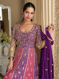 Purple Zari Stone Detail Anarkali Dupatta Set