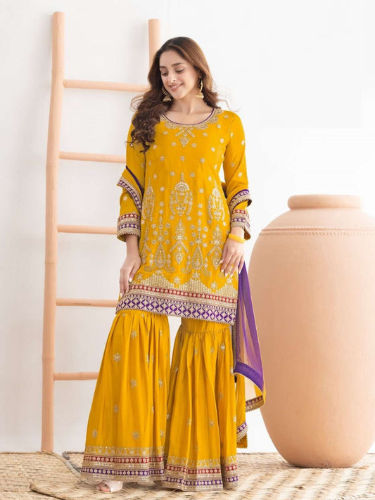 Mustard Embroidered Sharara Suit in Chinon