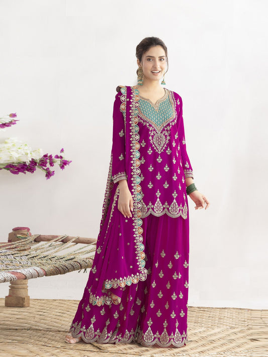 Magenta Zari & Sequins Embellished Suit Set