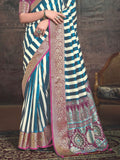 Teal Blue Art Silk Striped Saree