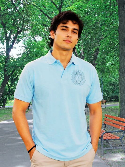 Men's Sky Blue Stay Zen Graphic Printed Polyblend Polo T-Shirt