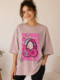 Women’s Oversized Music Graphic Peach Cotton T-Shirt