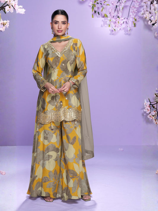 Grey Digital Printed Chinon Palazzo Suit