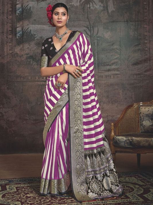 Purple and White Art Silk Striped Saree