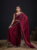 Wine Art Silk Embroidered Belted Saree