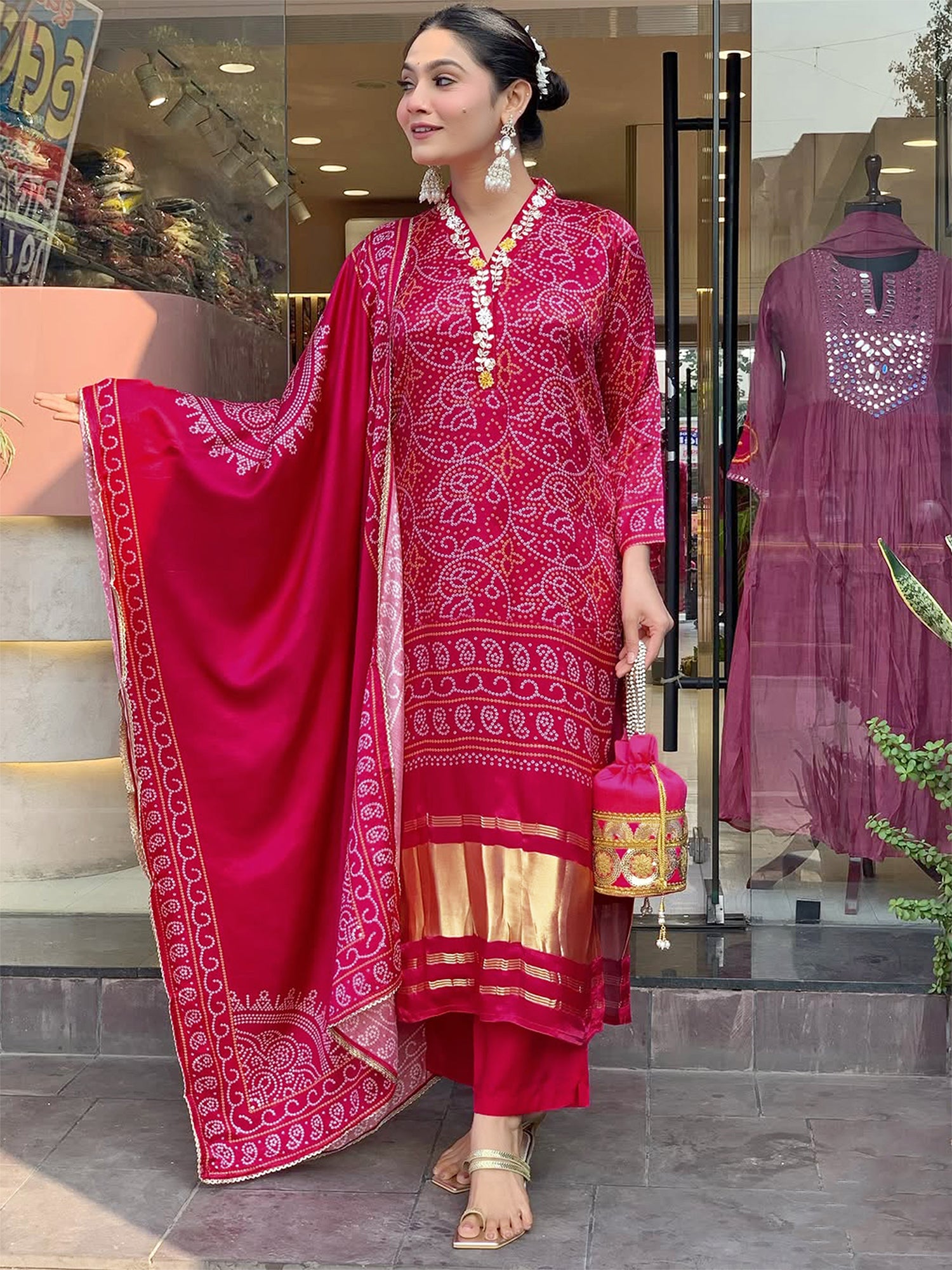 Pink Bandhani Print Readymade Salwar Suit