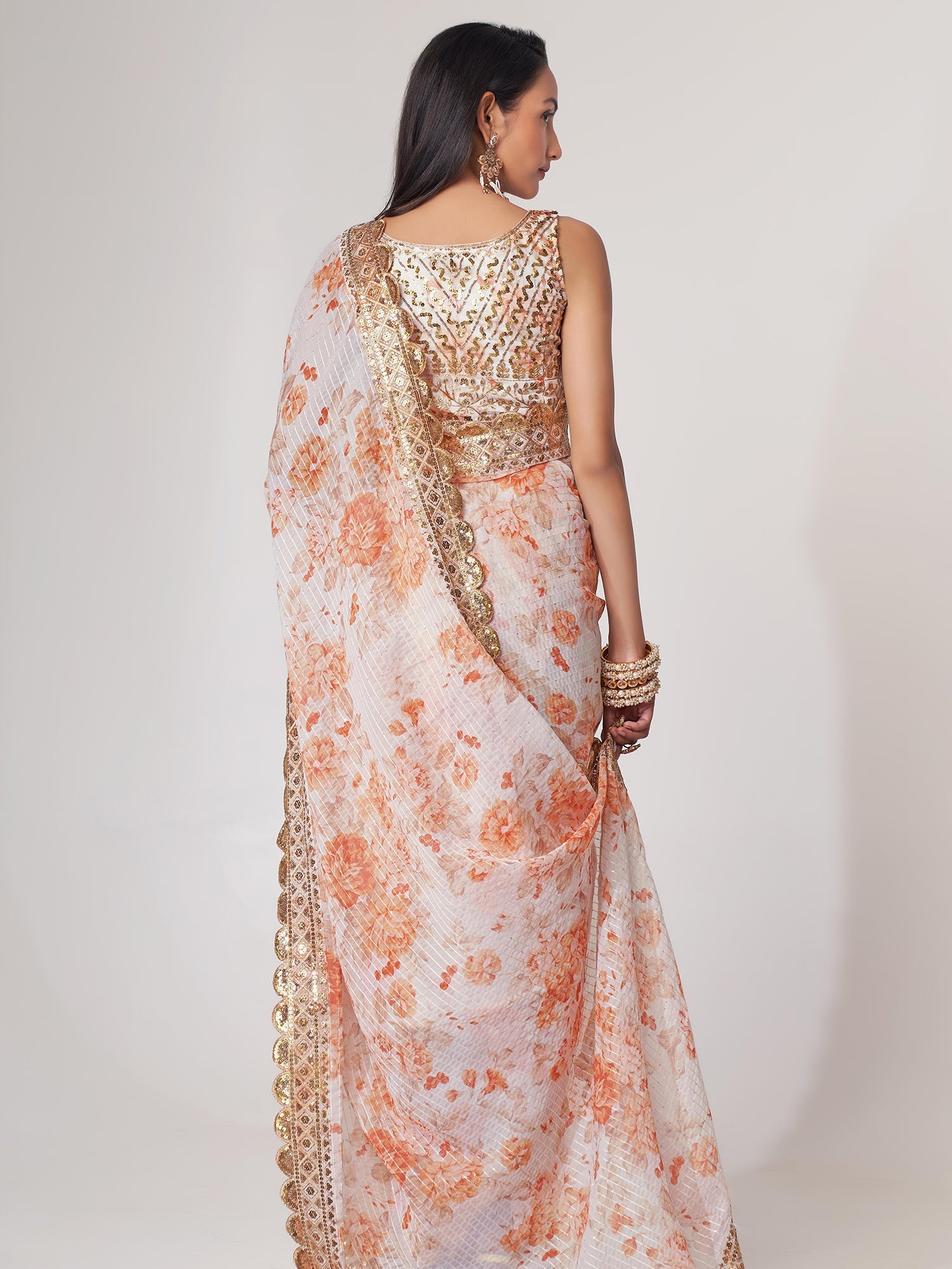 White Organza Floral Digital Printed Saree