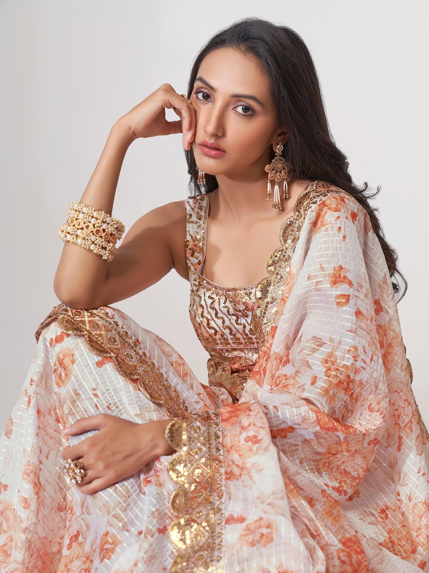 White Organza Floral Digital Printed Saree