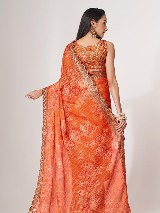 Orange Floral Digital Printed Organza Saree