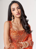 Orange Floral Digital Printed Organza Saree