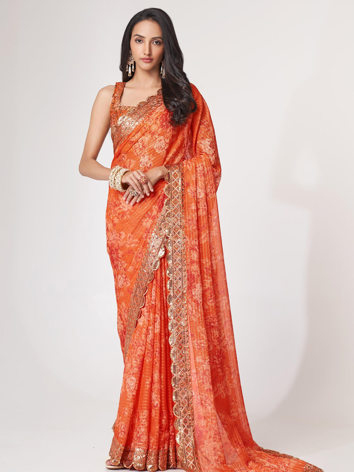 Orange Floral Digital Printed Organza Saree