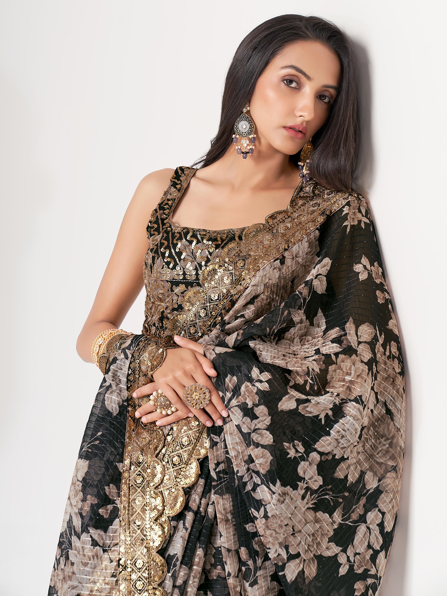 Black Organza Floral Embroidered Saree
