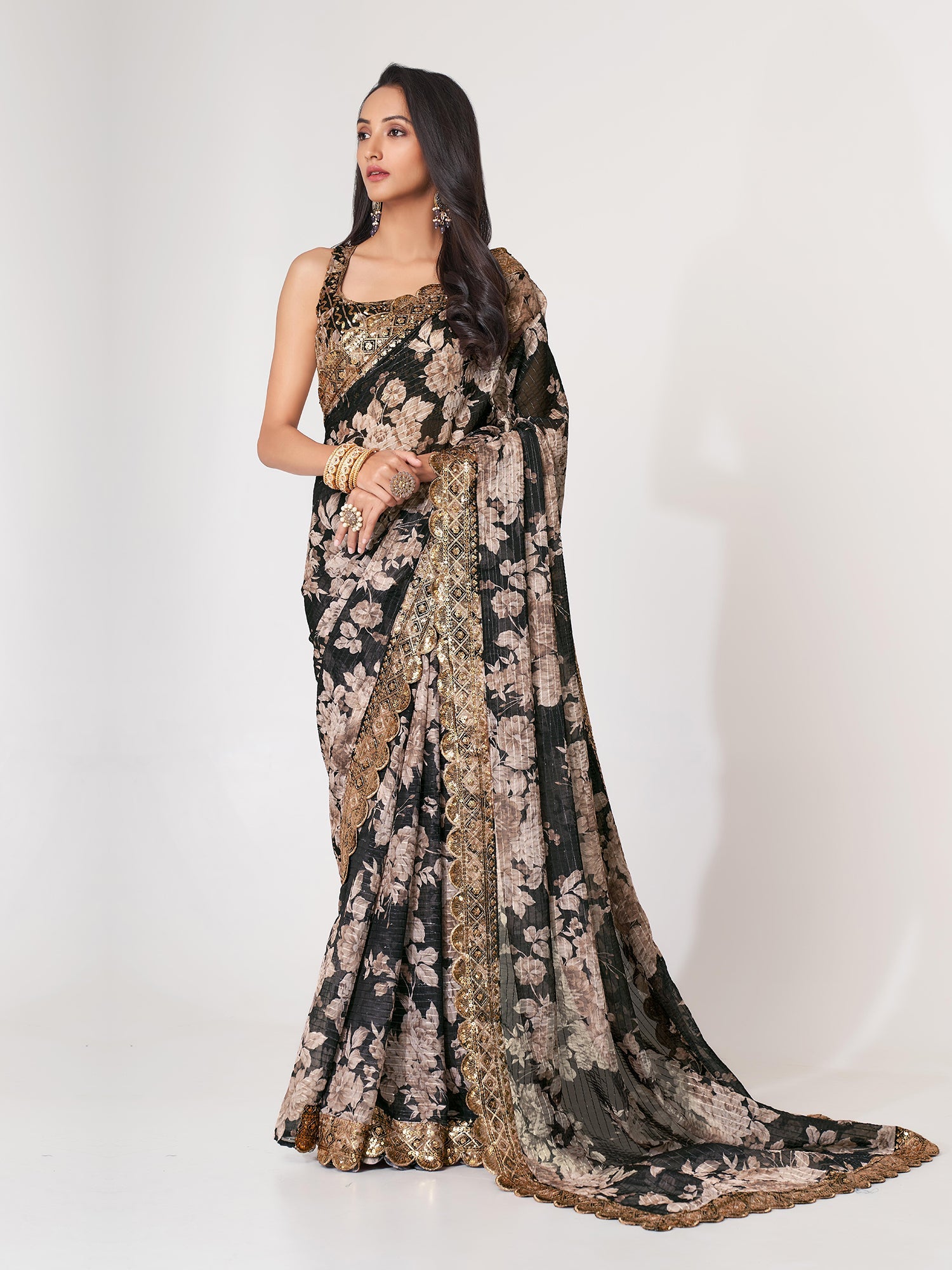 Black Organza Floral Embroidered Saree