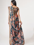 Blue Organza Zari Embroidered Printed Saree