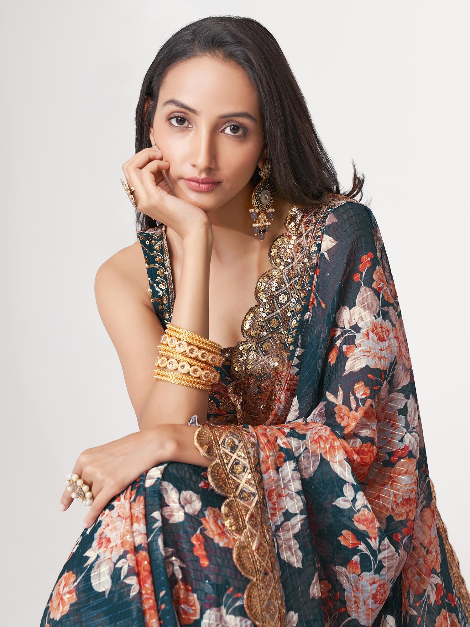 Blue Organza Zari Embroidered Printed Saree