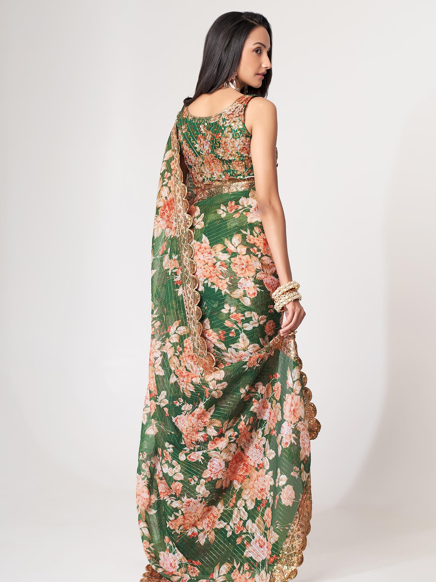 Green Floral Digital Printed Saree In Organza