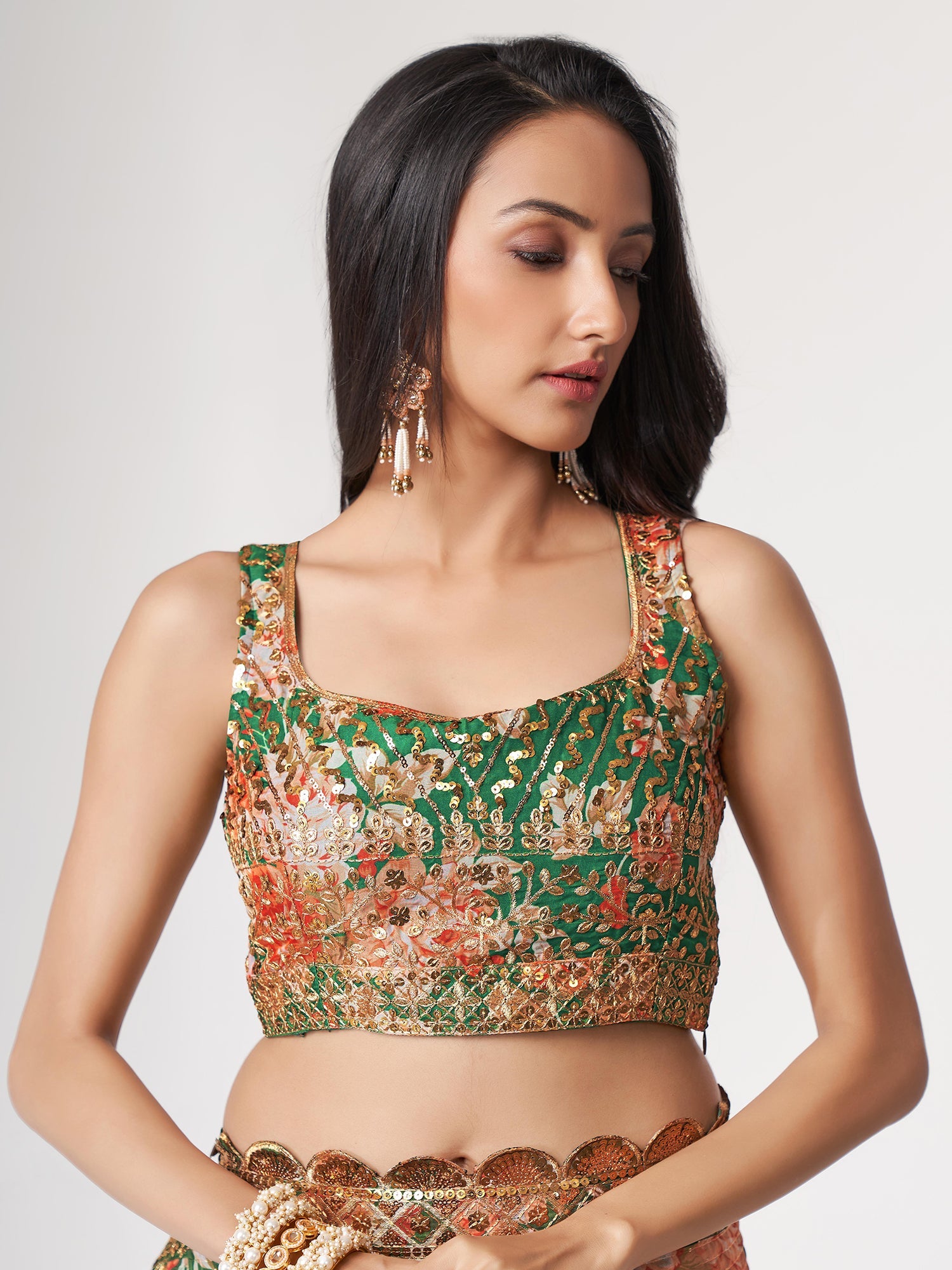 Green Floral Digital Printed Saree In Organza