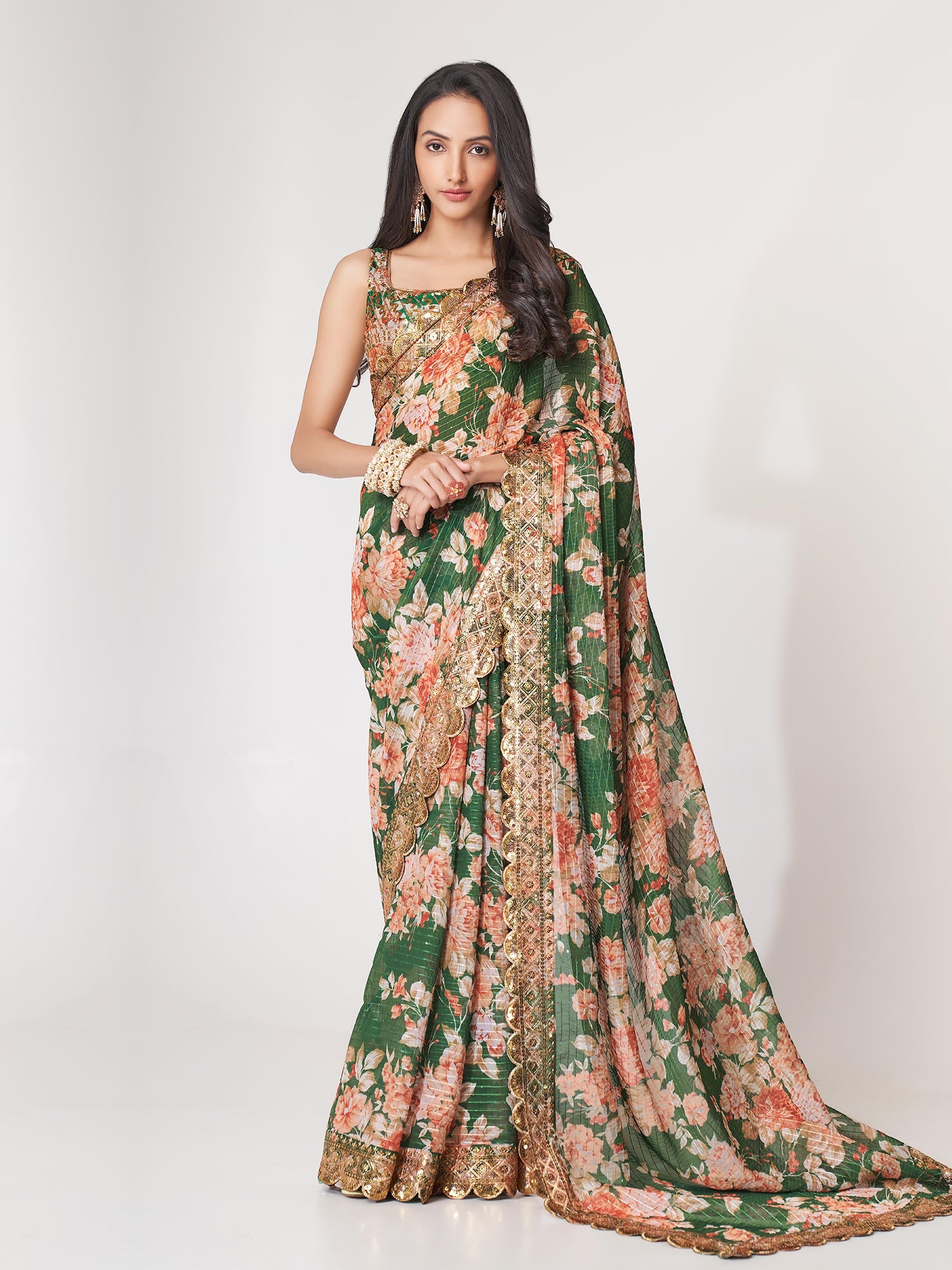 Green Floral Digital Printed Saree In Organza