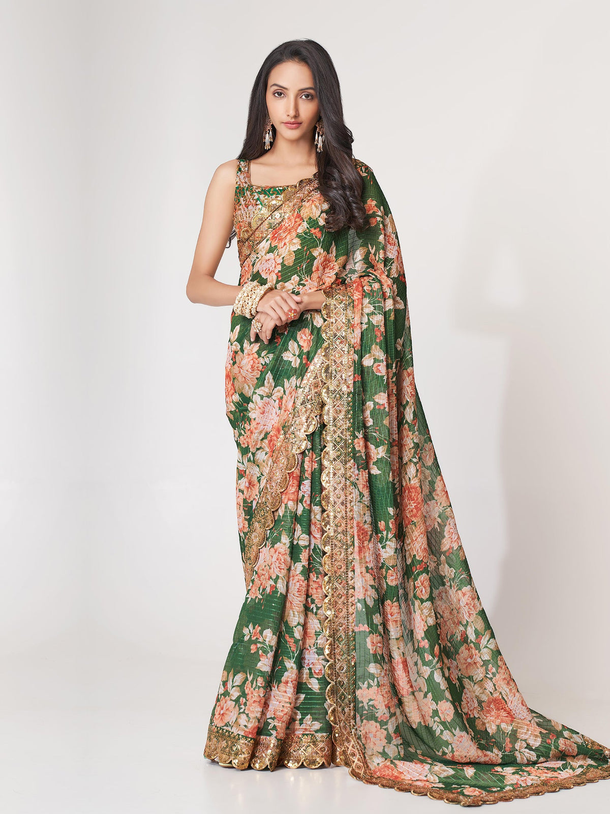 Green Floral Digital Printed Saree In Organza