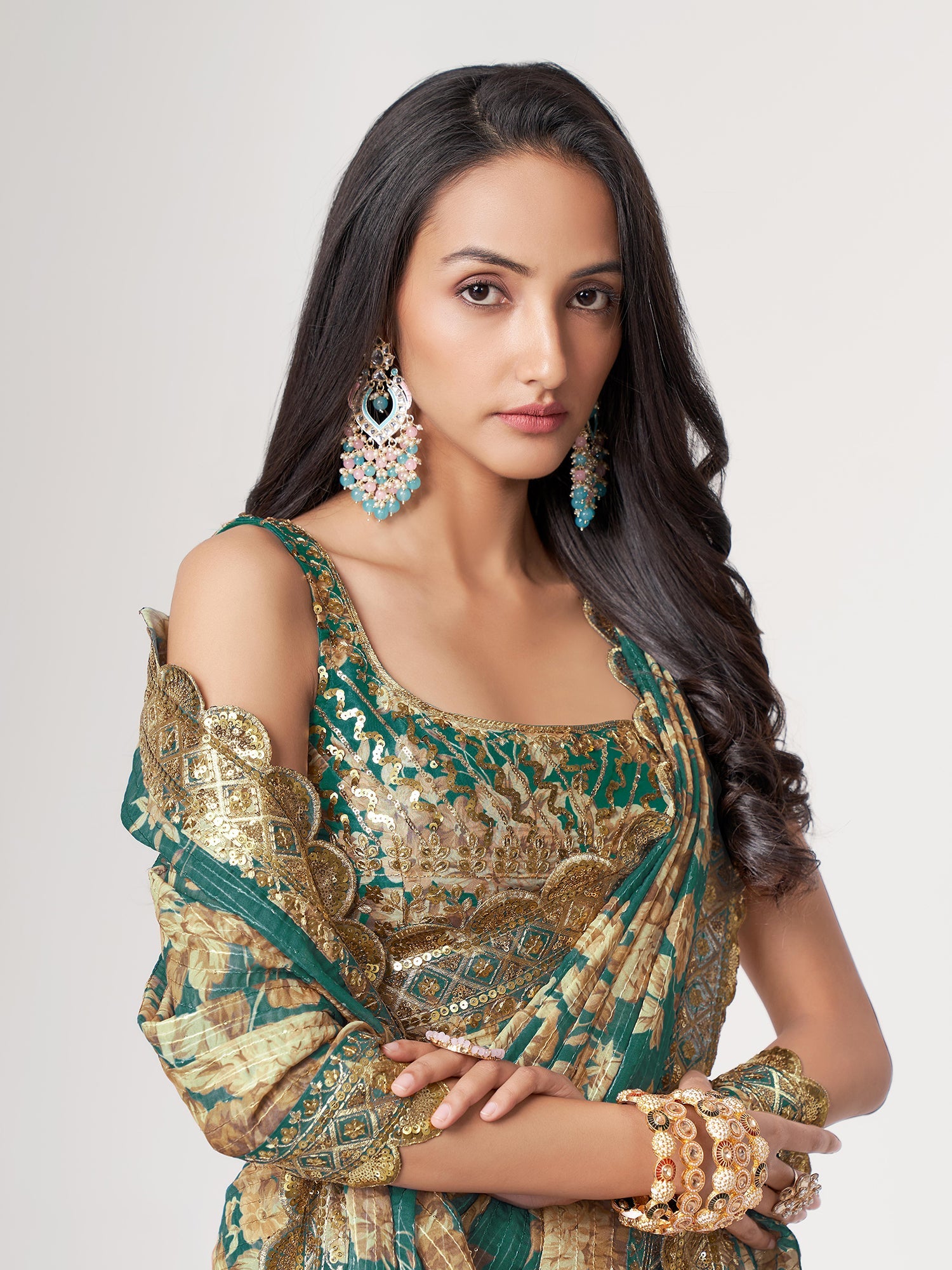 Teal Blue Organza Floral Print Saree