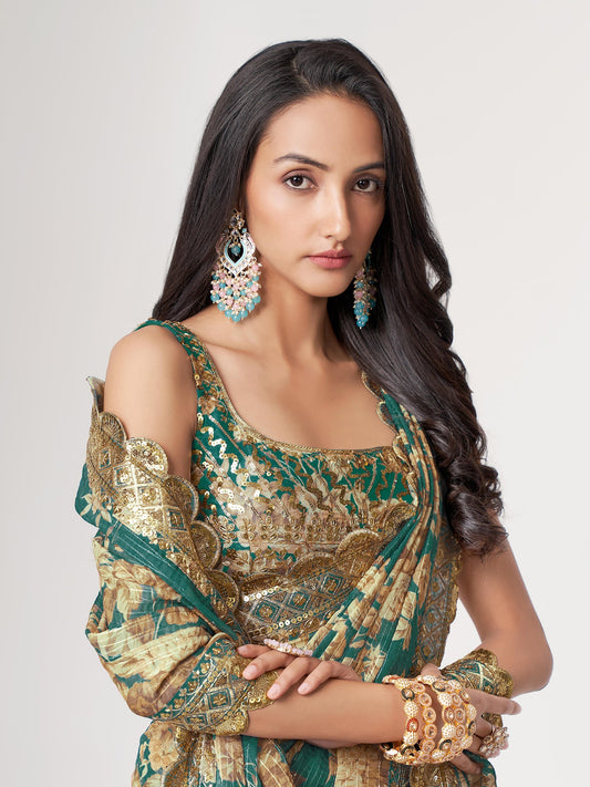 Teal Blue Organza Floral Print Saree