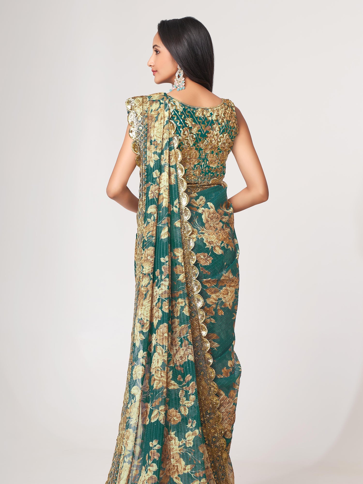 Teal Blue Organza Floral Print Saree