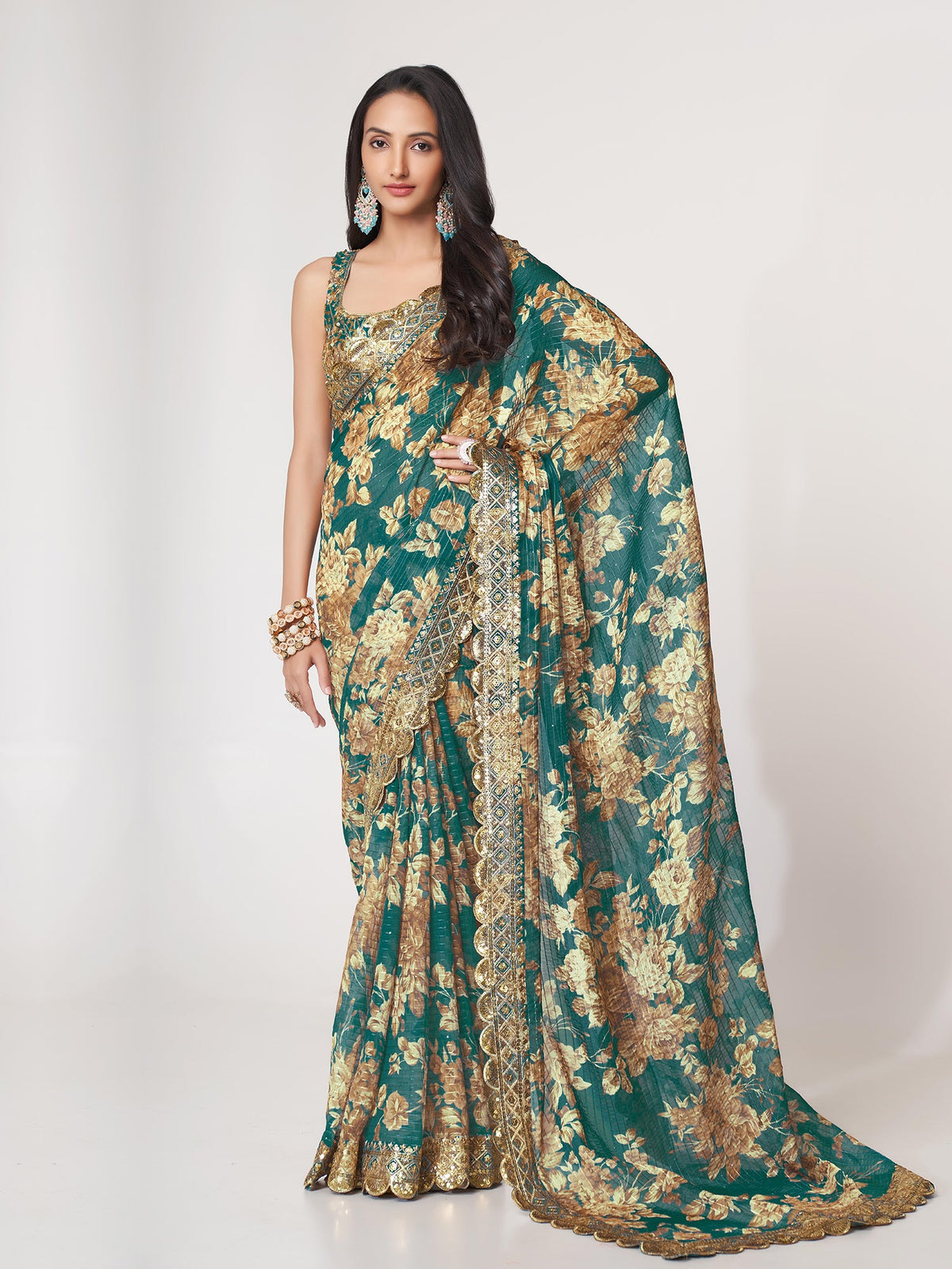 Teal Blue Organza Floral Print Saree