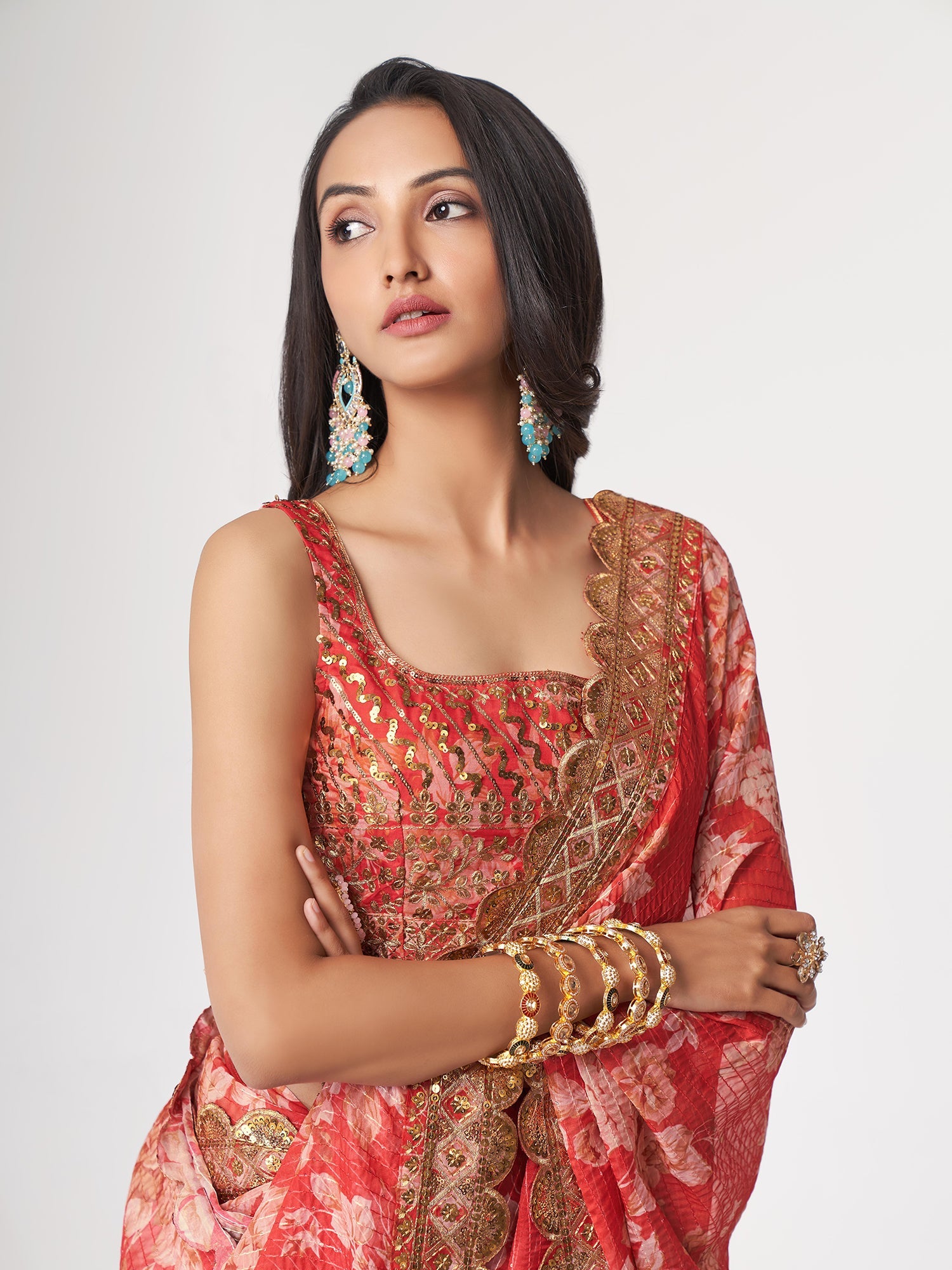 Red Embroidered Organza Printed Saree