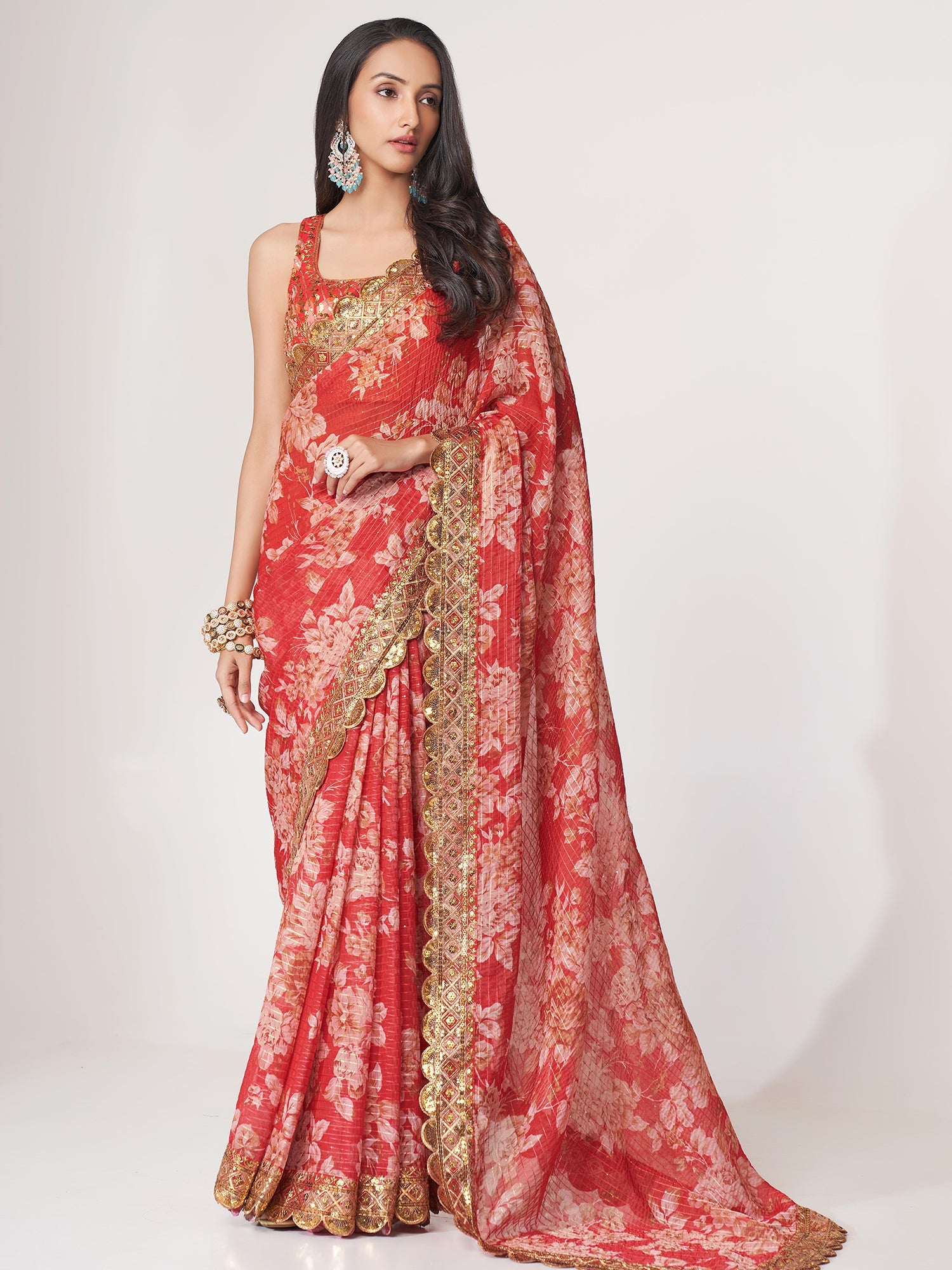 Red Embroidered Organza Printed Saree