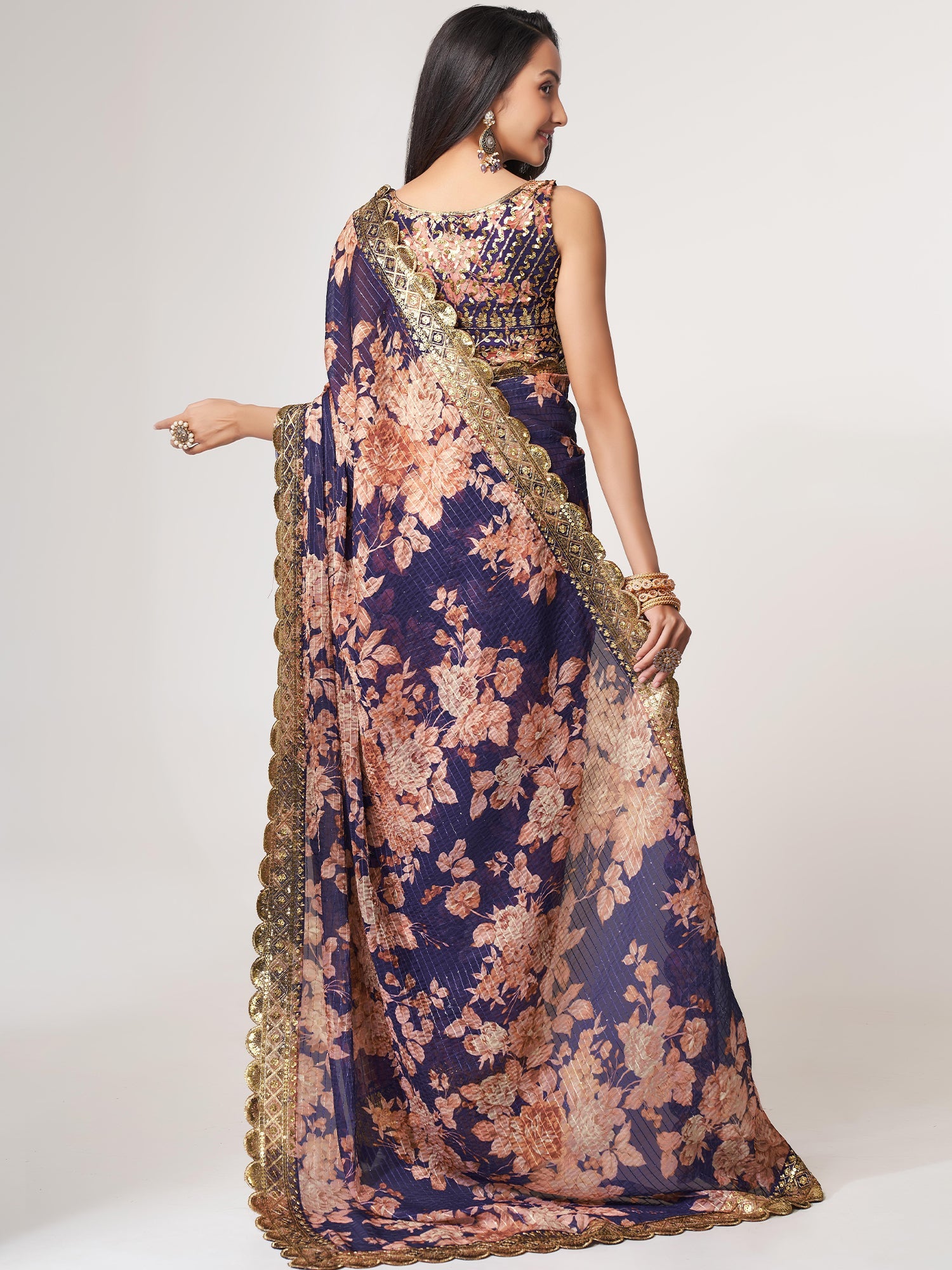 Bright Purple Organza Floral Digital Printed Saree