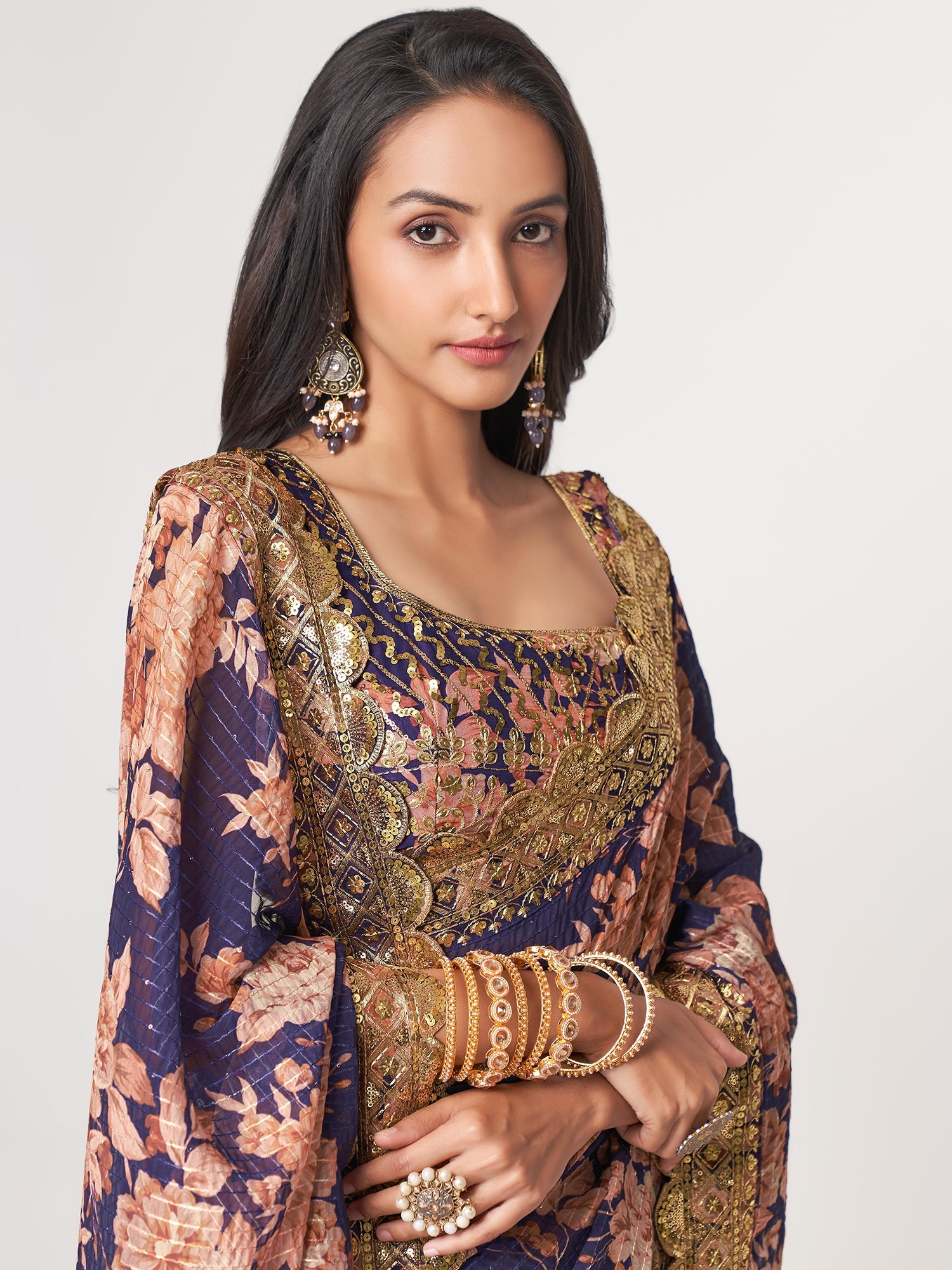 Bright Purple Organza Floral Digital Printed Saree