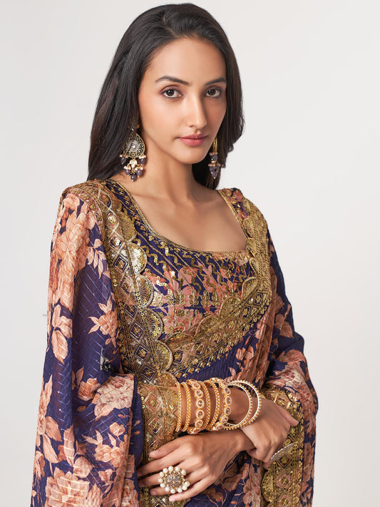 Bright Purple Organza Floral Digital Printed Saree